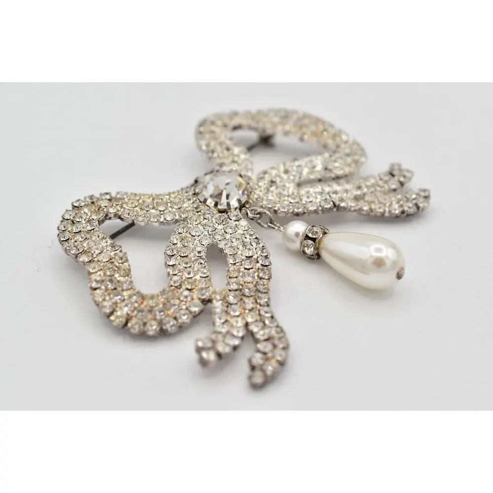 Vintage Crystal Bow Pin Brooch Pearl Dangle Prong Rhinestone Silver 1960s BinBI